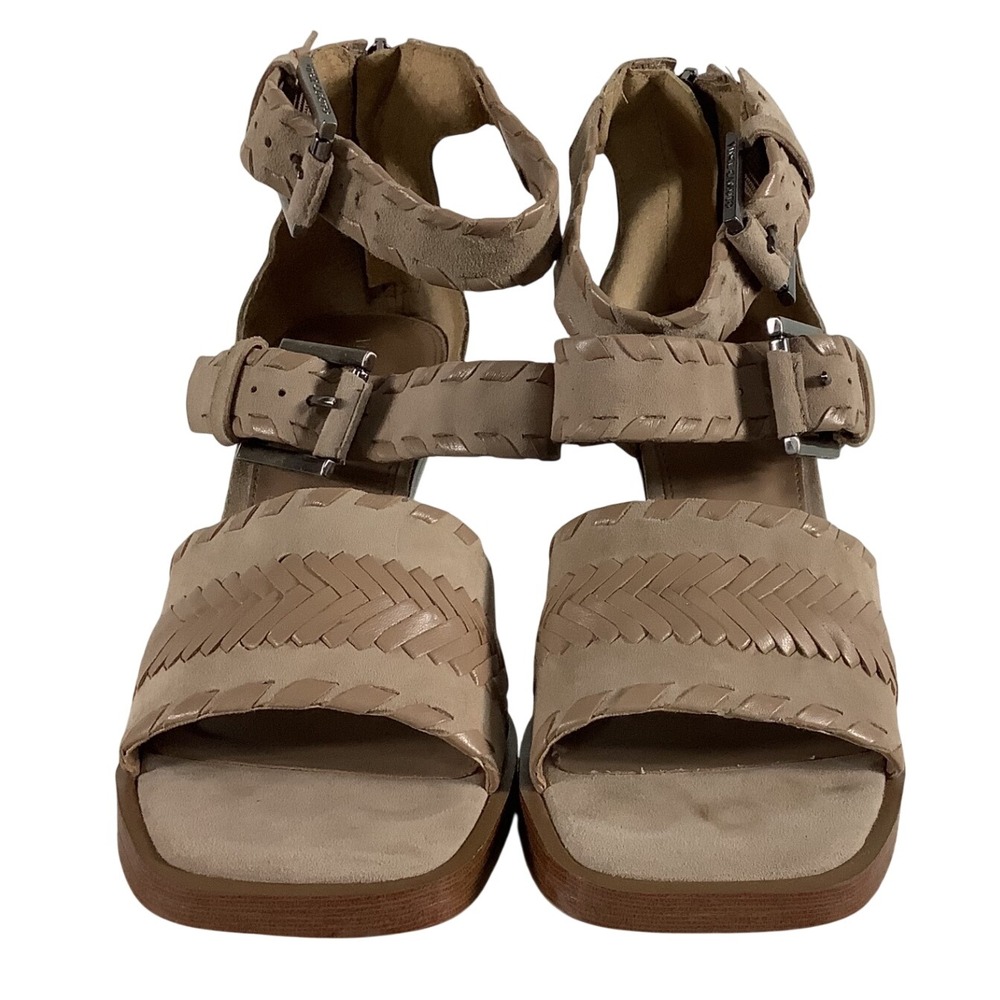 Vince Camuto Suraylin Taupe Woven Leather Buckle Heel Sandals 7.5M Square Toe